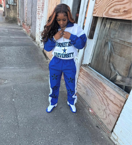 Blue windbreaker suit