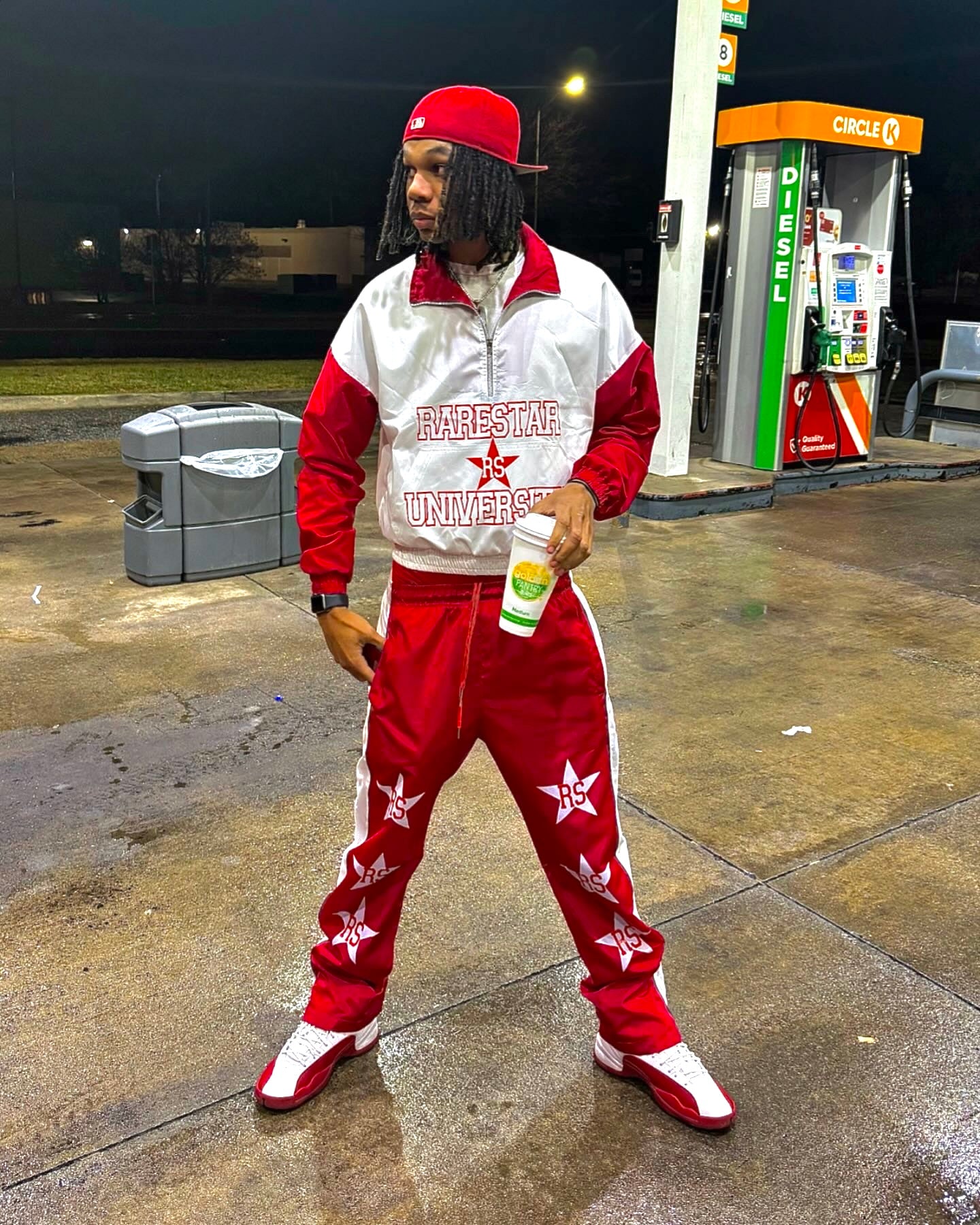 Red white windbreaker suit